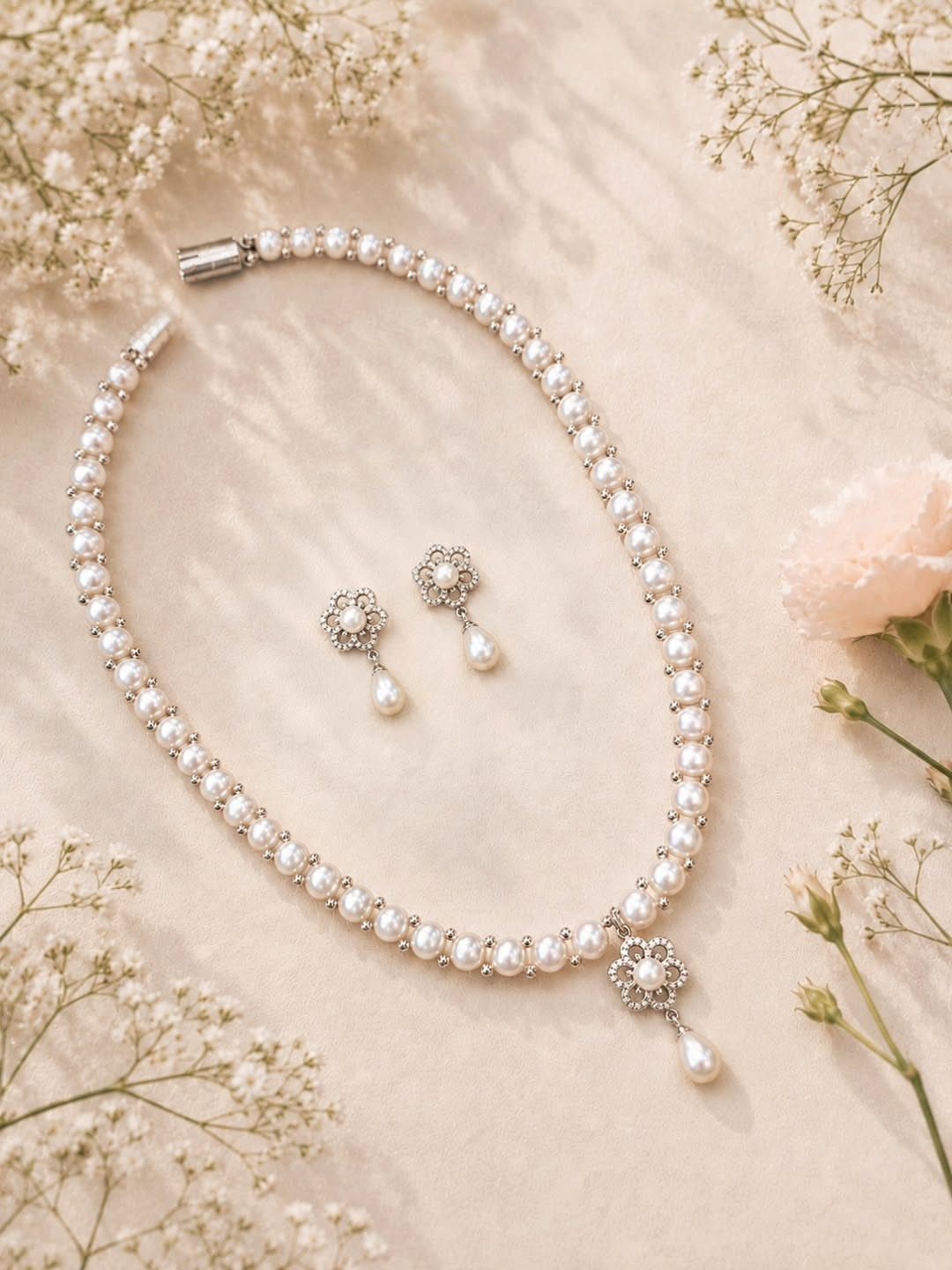 Pearl necklace with floral pendant and matching drop earrings surrounded by white baby's breath flowers.
