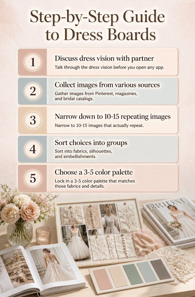 Wedding Mood Board: 4 Styles and How to Build Yours 4 An informational graphic detailing steps to build a dress mood board.