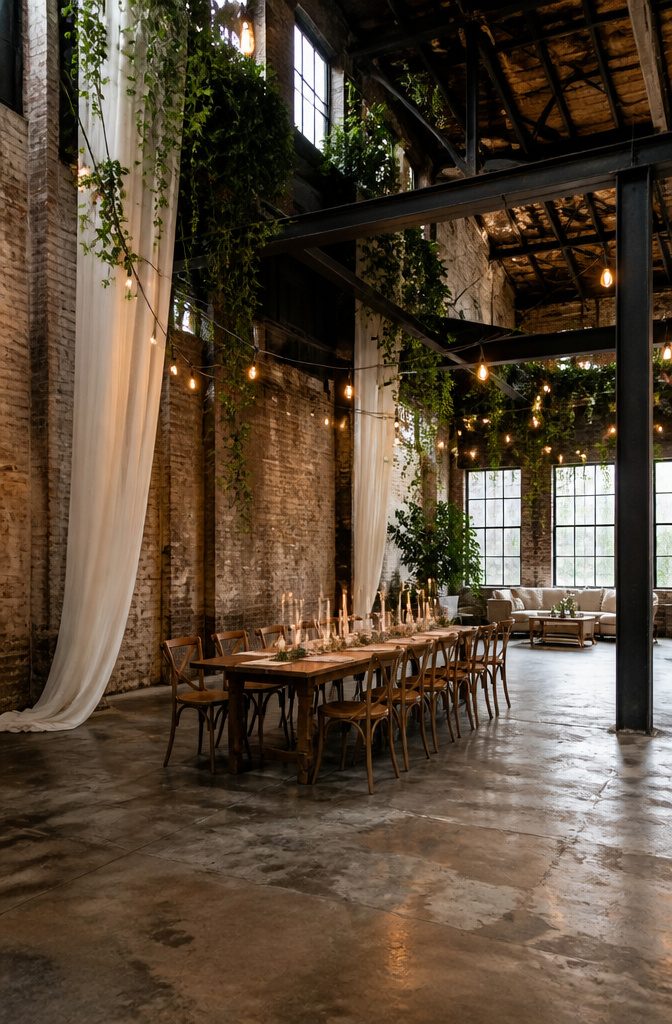 Wedding Mood Board: 4 Styles and How to Build Yours 1 An industrial venue with greenery and white drapes enhancing the space.