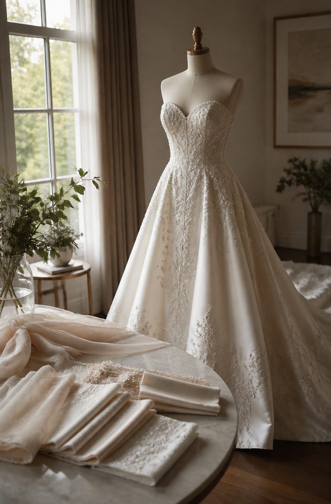 Wedding Mood Board: 4 Styles and How to Build Yours 3 A wedding dress displayed with fabric swatches in soft pastel colors.