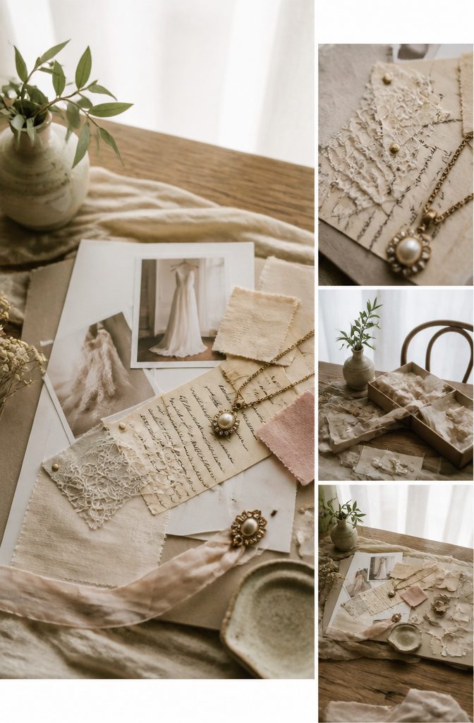 Wedding Mood Board: 4 Styles and How to Build Yours 7 A wedding mood board featuring fabric swatches and jewelry pieces.