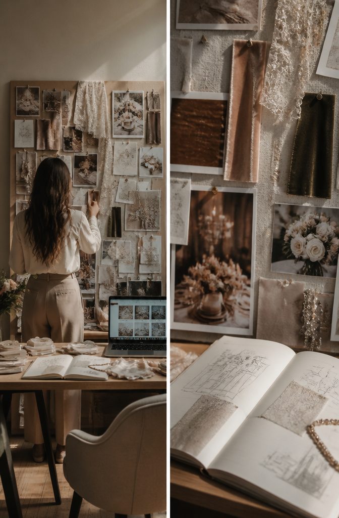 Wedding Mood Board: 4 Styles and How to Build Yours 6 A mood board displaying various wedding elements and color choices.