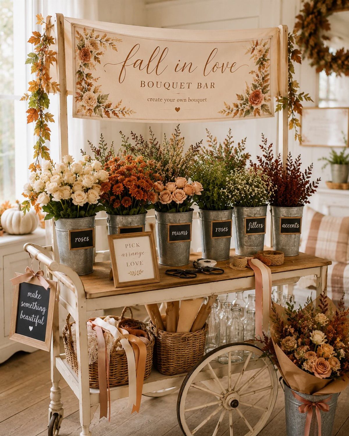 A wooden cart set up as a bouquet bar with various flowers in metal buckets.