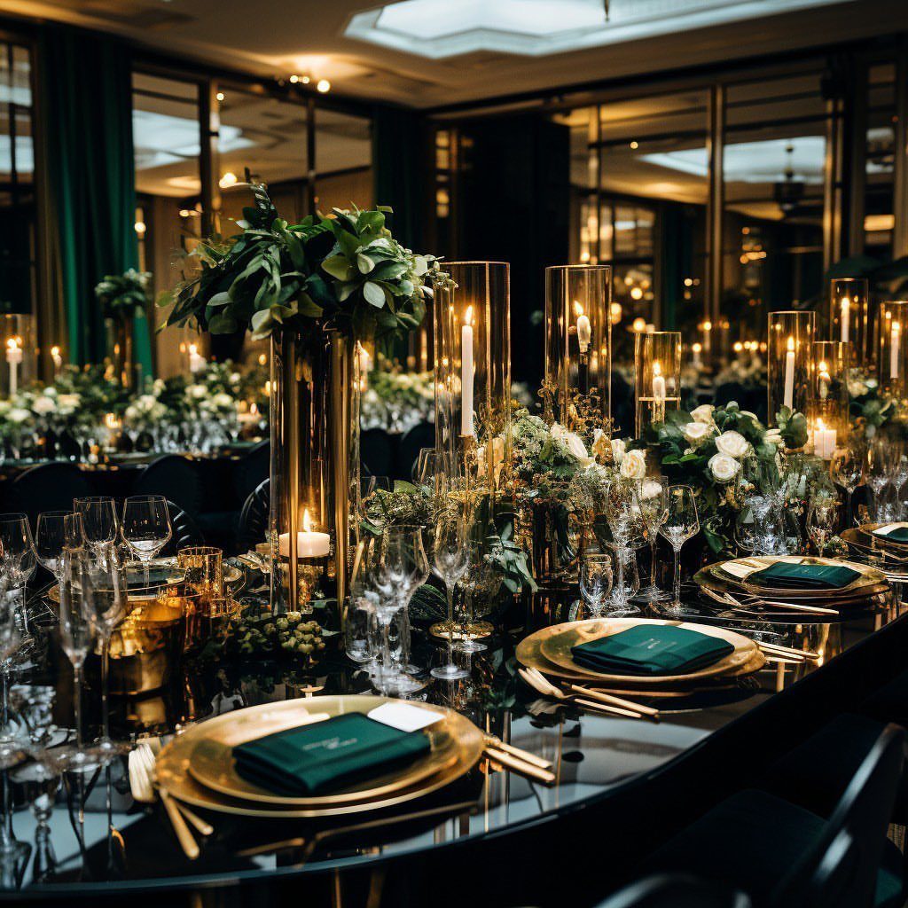 Elegant wedding table setting with gold chargers, green napkins, and tall lit candles in glass holders.
