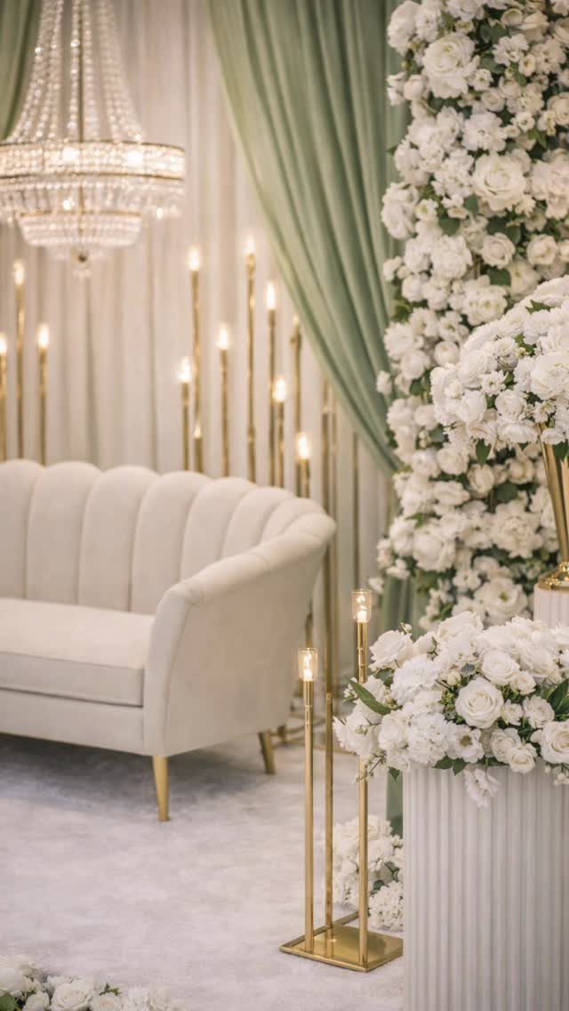 Cream scalloped sofa and sage green curtains surrounded by white floral arrangements and gold candle holders.
