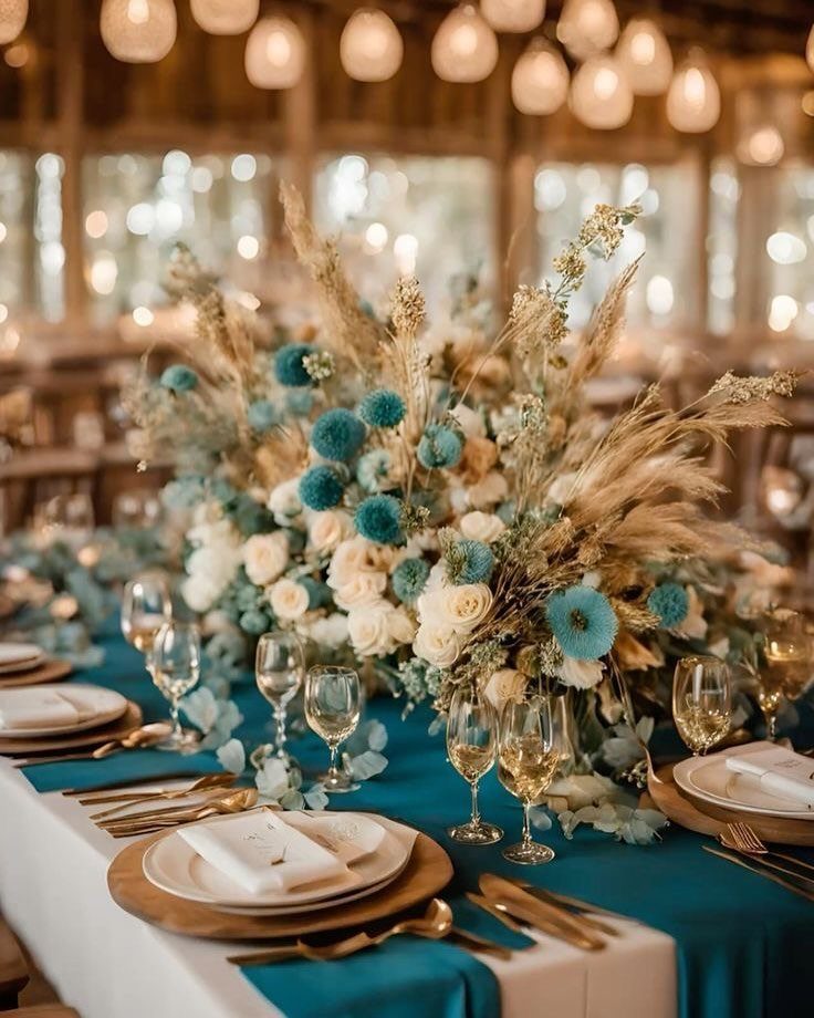 Wedding table setting with teal linens, gold cutlery, and a large floral centerpiece of white and blue flowers.