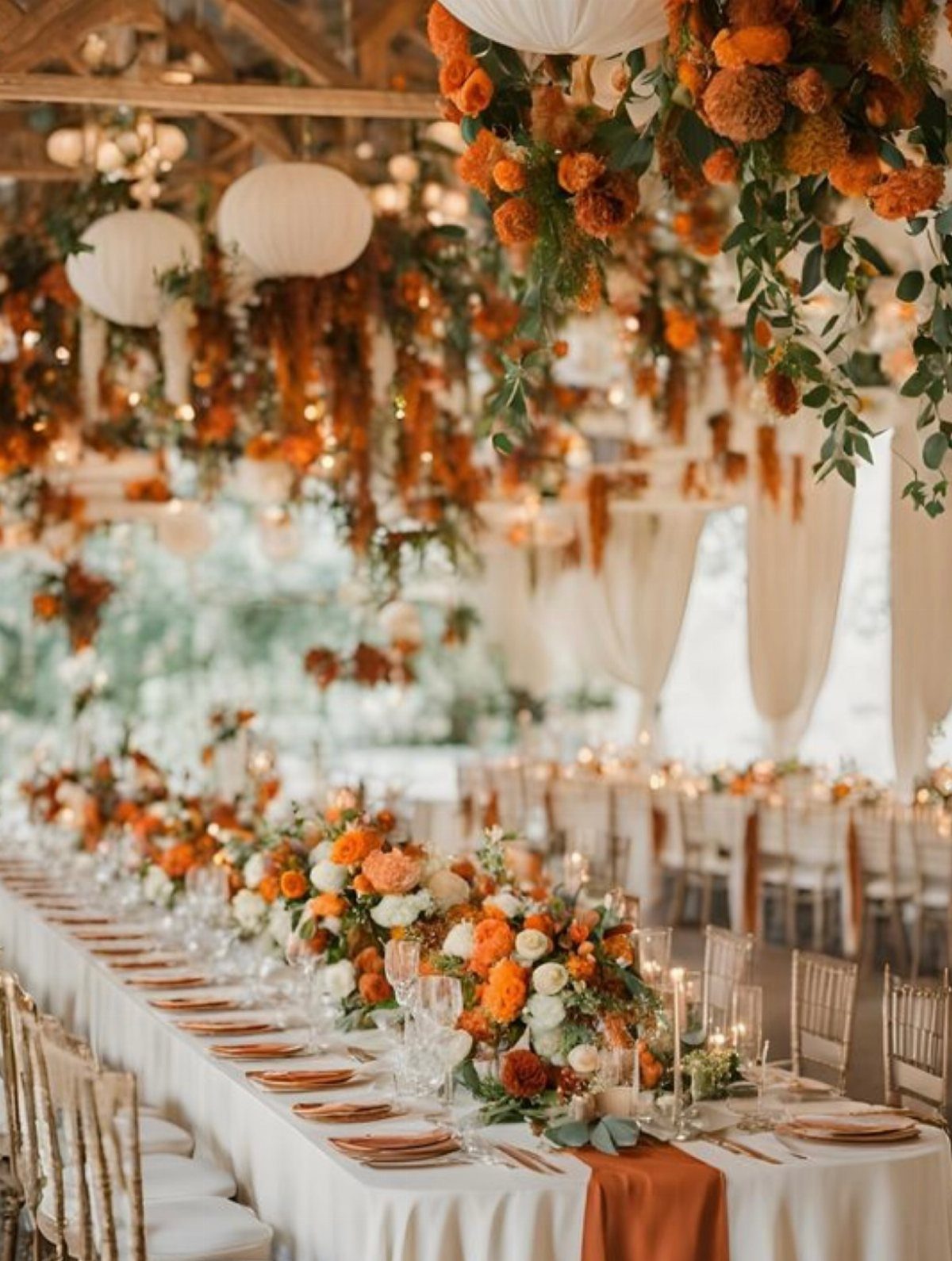 Long wedding table decorated with cream linens, terracotta runners, and vibrant orange floral arrangements.