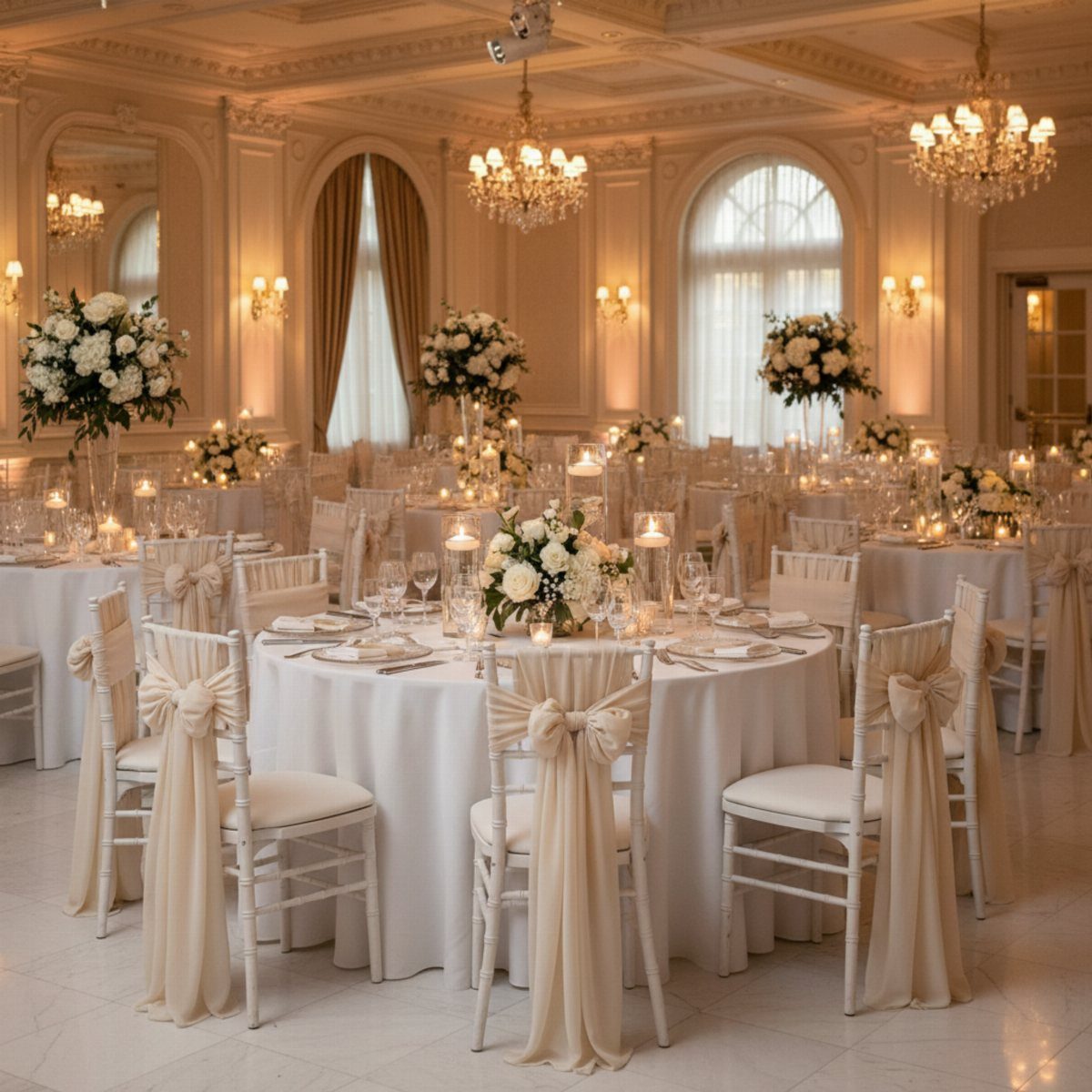 White wedding tables with champagne satin chair bows and floral centerpieces in a grand ballroom.