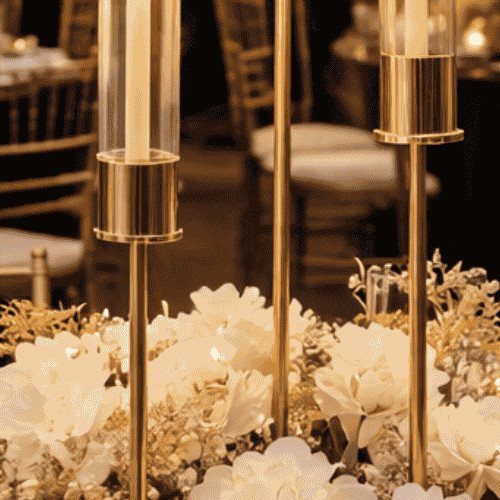 Tall gold candle holders stand within a white floral centerpiece on a decorated wedding reception table.