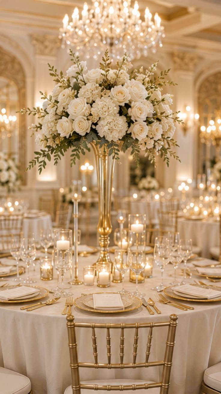 White roses and hydrangeas arranged in a tall gold vase as a wedding centerpiece.